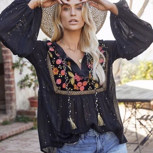 Lovestitch Blouse Embroidered Floral Sequin Velvet Fringe Tassel Size Medium - Picture 2 of 13